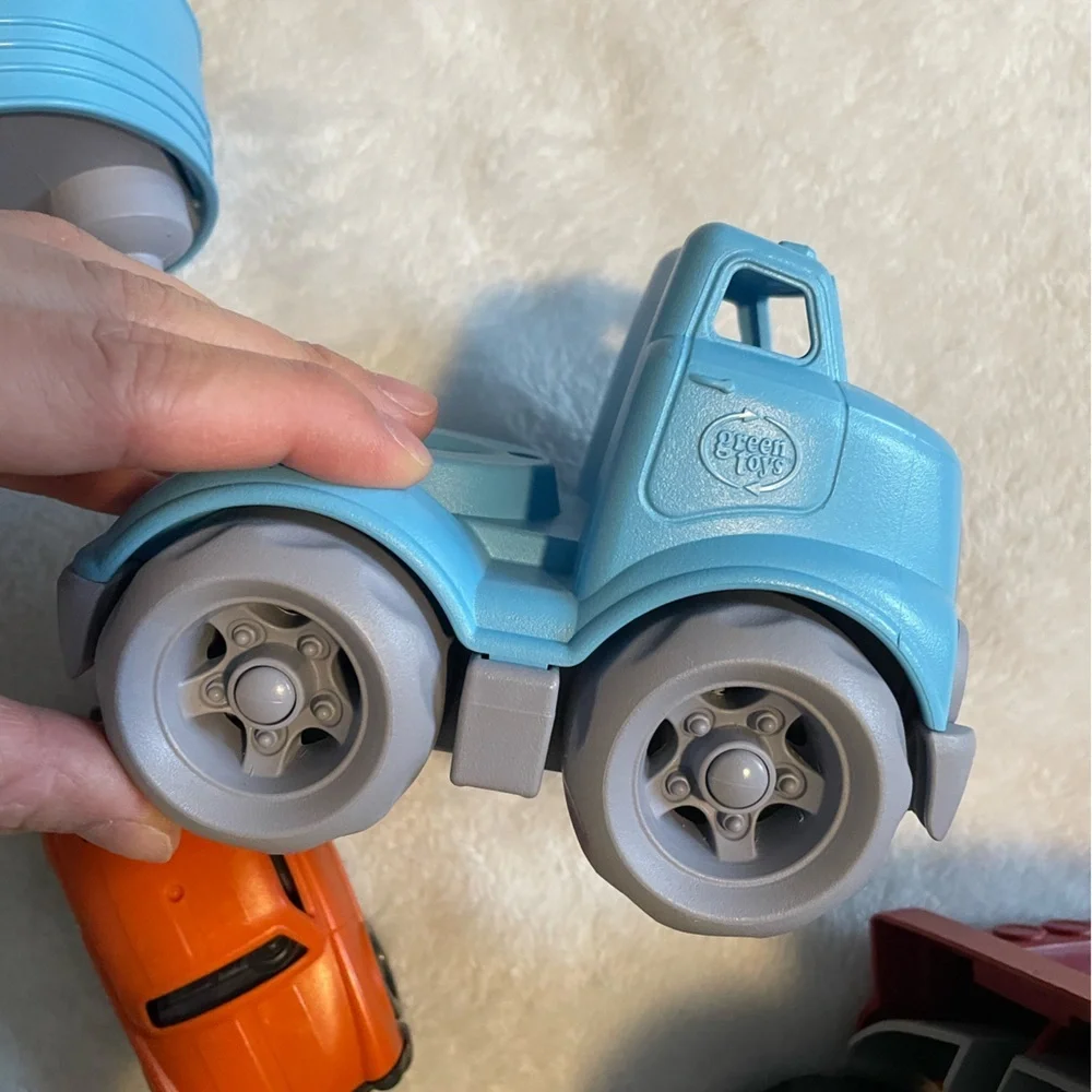 Bundle of Green Toys Firetruck, Car Loader, and Cement Truck